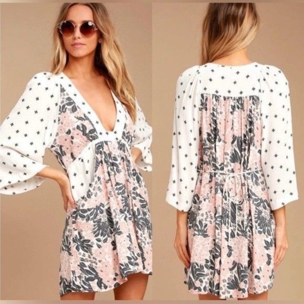 Free People Tallula White Print Long‎ Sleeve Mini Dress